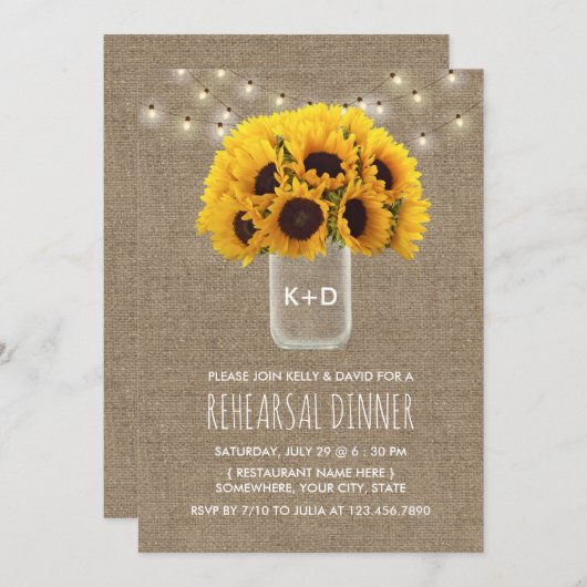 Invitation Dîner de répétition Mariage Sunflower & String Lig (Devant / Derrière)