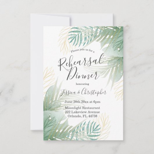Invitation Dîner de répétition Mariage Tropical Palm Sage Gre (Devant)