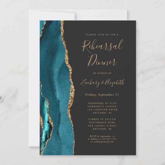 Invitation Dîner de répétition Mariage turquoise Gold Agate D (Devant)