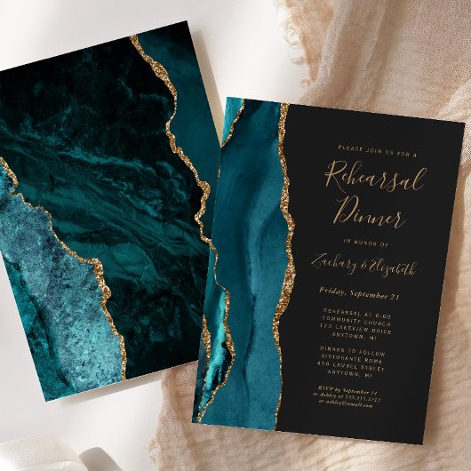 Invitation Dîner de répétition Mariage turquoise Gold Agate D