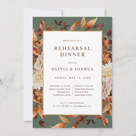 Invitation Dîner de répétition Mariage vert automne (Devant)