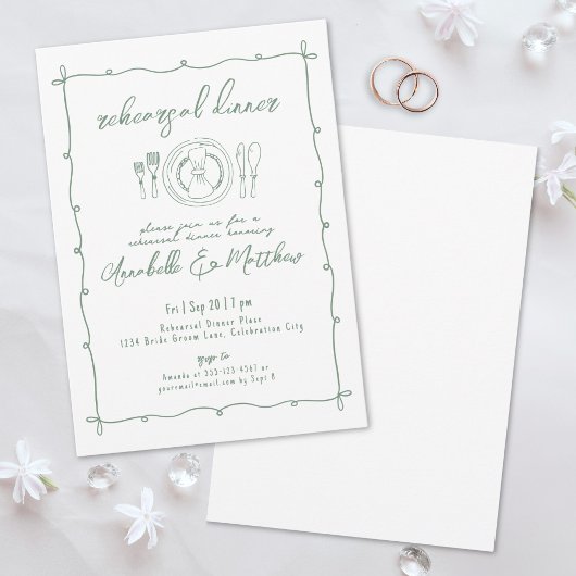 Invitation Dîner de répétition Mariage vert tiré à la main