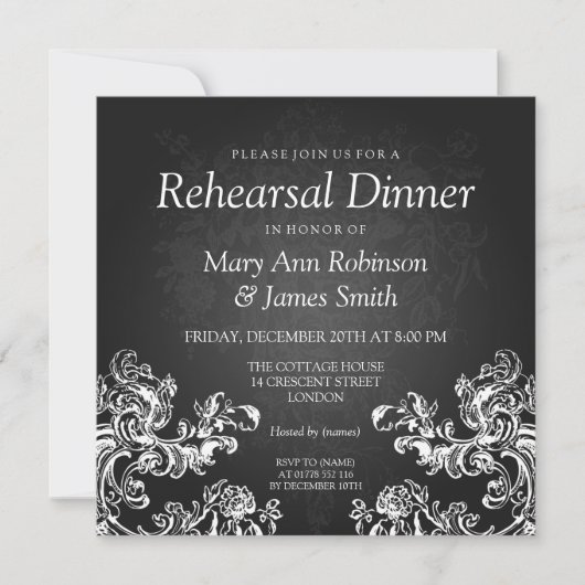 Invitation Dîner de répétition Mariage Vintage 2 Noir (Devant)