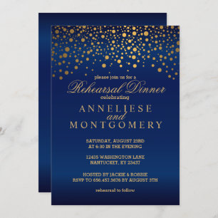 Invitation Dîner de répétition Marine Blue and Gold Confetti