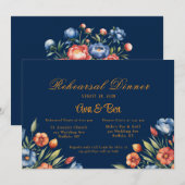 Invitation Dîner de répétition Marine Blue and Orange Peony (Devant / Derrière)