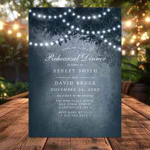 Invitation Dîner de répétition Marine Blue Rustic Tree Lights