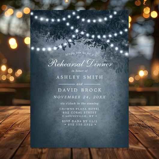 Invitation Dîner de répétition Marine Blue Rustic Tree Lights