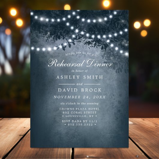 Invitation Dîner de répétition Marine Blue Rustic Tree Lights