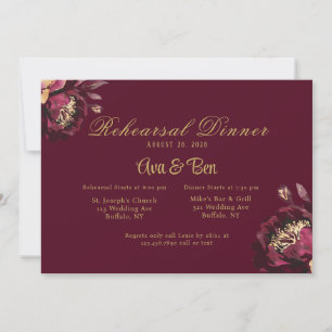Invitation Dîner de répétition Marsala Gold Watercolor Peony