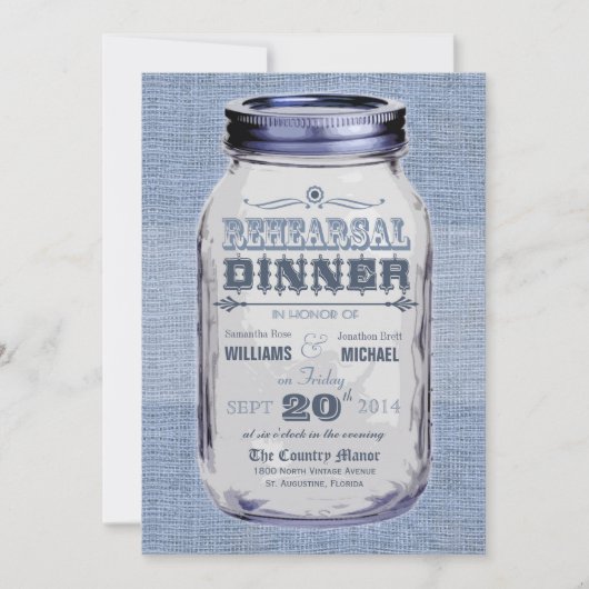 Invitation Dîner de répétition Mason Jar Rustic Look Blue (Devant)