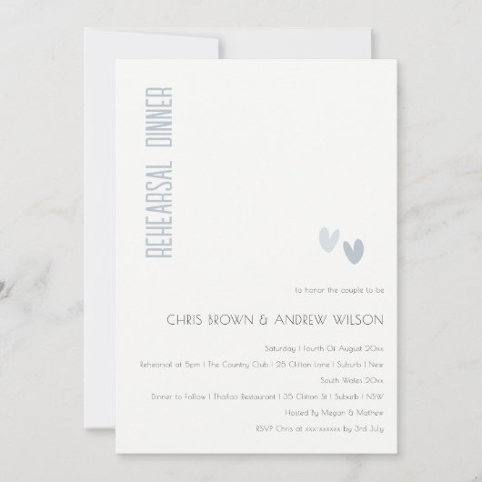 Invitation Dîner de répétition minimal Élégant Dusky Blue Hea (Devant)