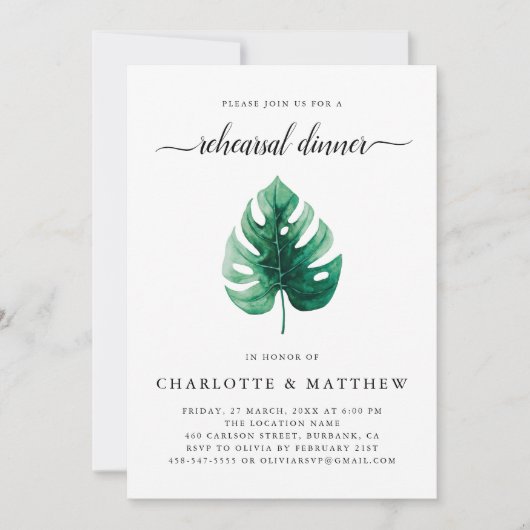 Invitation Dîner de répétition minimal vert tropicale (Devant)