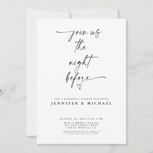 Invitation Dîner de répétition minimaliste noir et blanc (Devant)