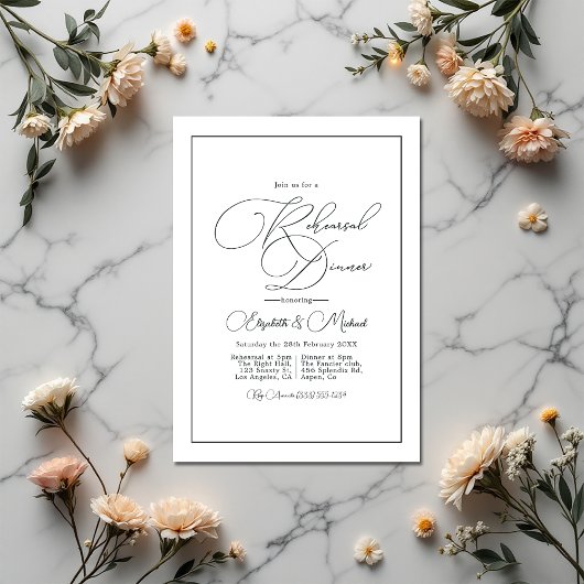 Invitation Dîner de répétition minimaliste pour Mariage noir