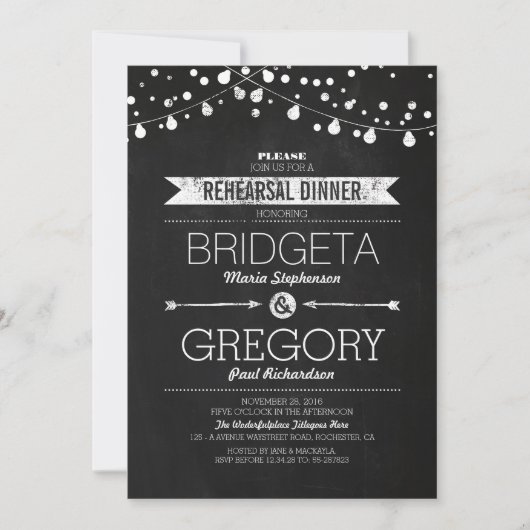 Invitation Dîner de répétition moderne Chalkboard String Ligh (Devant)