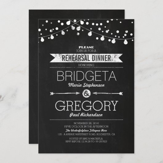Invitation Dîner de répétition moderne Chalkboard String Ligh (Devant / Derrière)