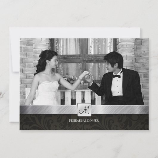 Invitation Dîner de répétition moderne en noir Damas et argen (Devant)