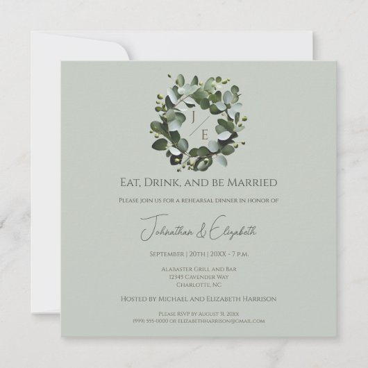 Invitation Dîner de répétition moderne Monogram Eucalyptus Wr (Devant)