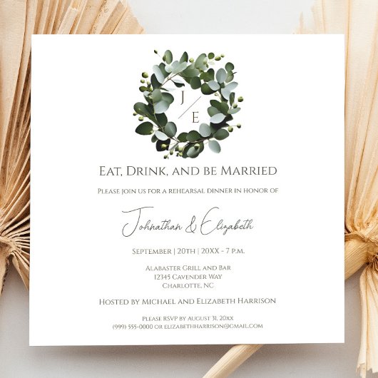 Invitation Dîner de répétition moderne Monogram Eucalyptus Wr
