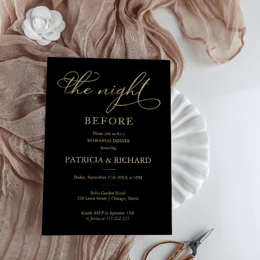 Invitation Dîner de répétition moderne noir et or