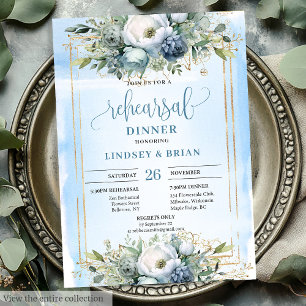 Invitation Dîner de répétition Moderne Poussiéreux Bleu Or Pa