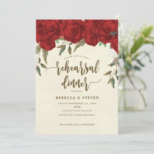 Invitation dîner de répétition moderne roses rouges invitatio (Debout devant)