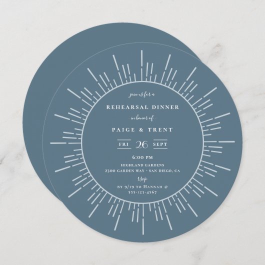 Invitation Dîner de répétition moderne Sunburst Slate Blue (Devant / Derrière)