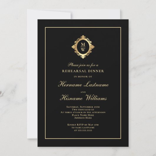Invitation Dîner de répétition Monogram Classic Black Gold (Devant)