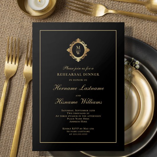 Invitation Dîner de répétition Monogram Classic Black Gold