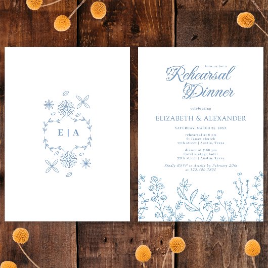 Invitation Dîner de répétition Monogram Wildflower Periwinkle