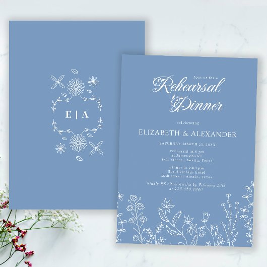 Invitation Dîner de répétition Monogram Wildflower Periwinkle