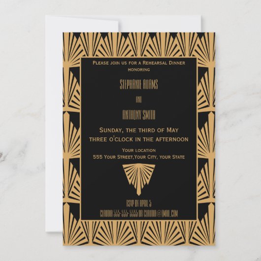 Invitation Dîner de répétition Motif Gold et Black Art Déco (Devant)