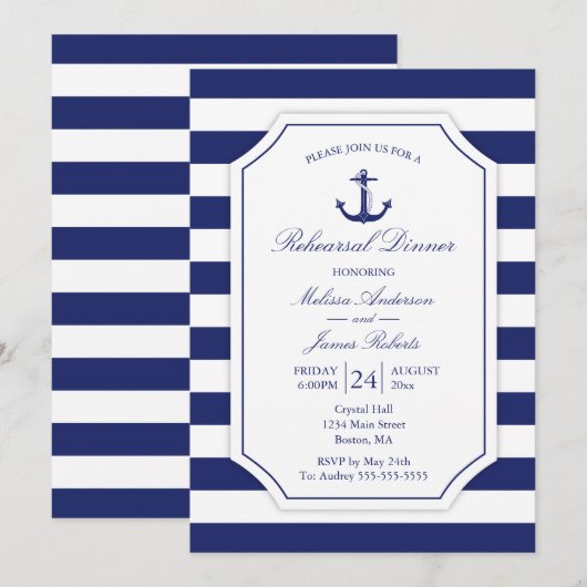Invitation Dîner de répétition nautique Ancre Mariage de la m (Devant / Derrière)