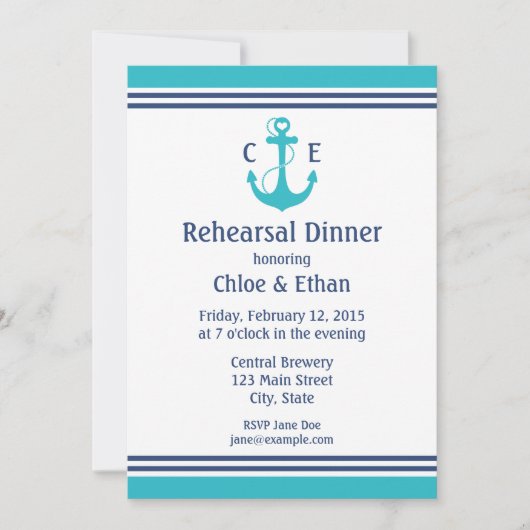 Invitation Dîner de répétition nautique turquoise (Devant)