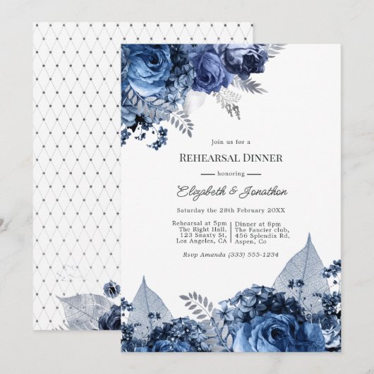 Invitation Dîner de répétition Navy & Blanc avec Feuille d'Ar (Devant / Derrière)