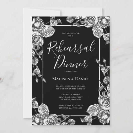 Invitation Dîner de répétition noir blanc floral (Devant)
