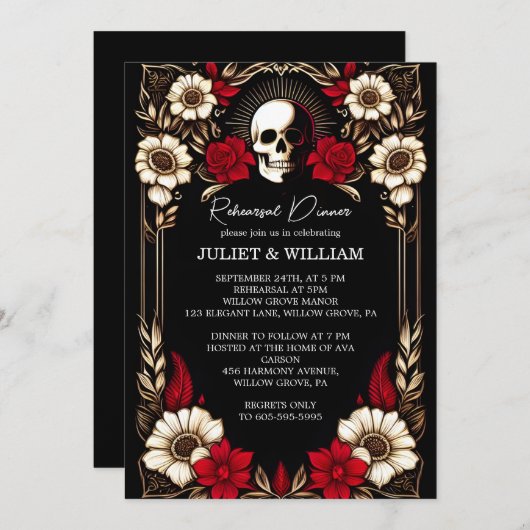 Invitation Dîner de répétition noir rouge Claret Ruby Coeur é (Devant / Derrière)