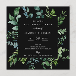 Invitation Dîner de répétition noire dans la verdure botaniqu