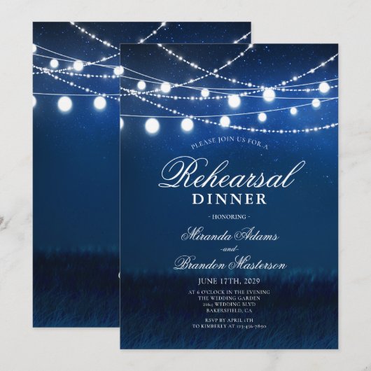 Invitation Dîner de répétition Nuit Bleue et Lumière Argent (Devant / Derrière)