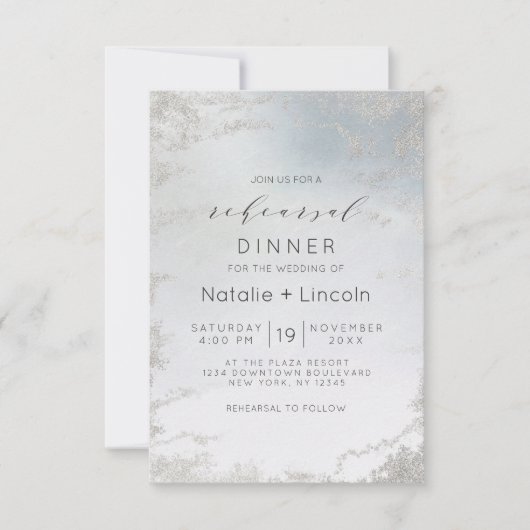 Invitation Dîner de répétition Ombre Dusty Blue Frosted Silve (Devant)