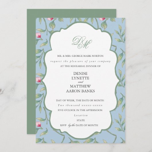 Invitation Dîner de répétition Omphalodes Blue et Basil Green (Devant / Derrière)