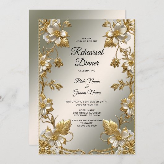 Invitation Dîner de répétition Ornate Floral Blanc (Devant / Derrière)