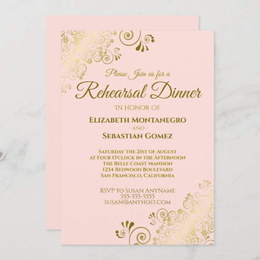 Invitation Dîner de répétition Ornate Gold & Blush Pink Maria (Devant / Derrière)