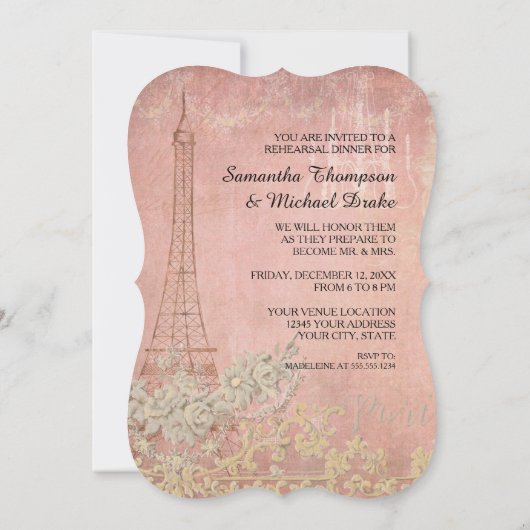 Invitation Dîner de répétition Paris Vintage rose (Dos)
