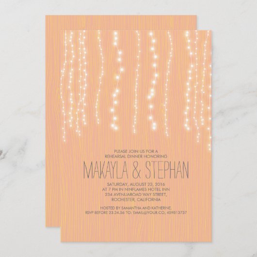 Invitation Dîner de répétition Peach Rustic String of Lights (Devant / Derrière)