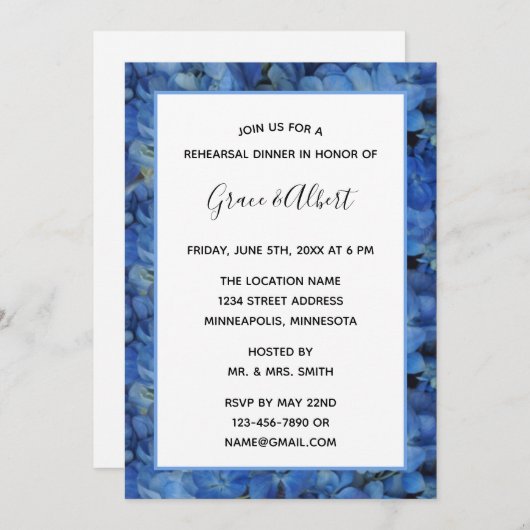 Invitation Dîner de répétition Periwinkle Blue Hydrangeas (Devant / Derrière)
