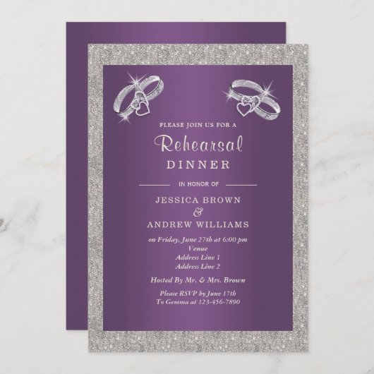 Invitation Dîner de répétition Phlox, Sparkly Silver Rings (Devant / Derrière)