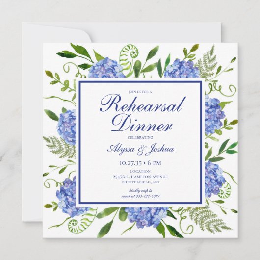 Invitation Dîner de répétition photo Blue Hydrangea (Devant)