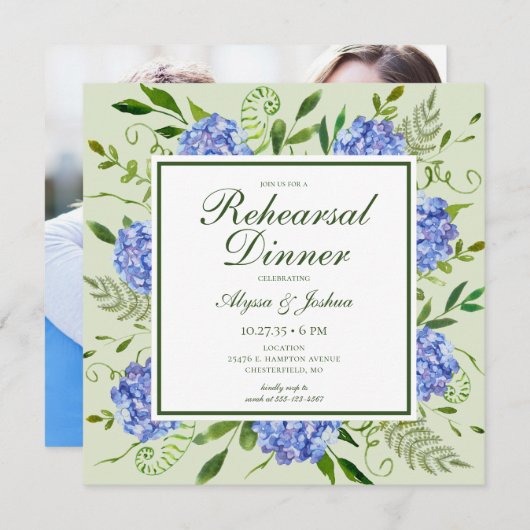 Invitation Dîner de répétition photo Blue Hydrangea (Devant / Derrière)