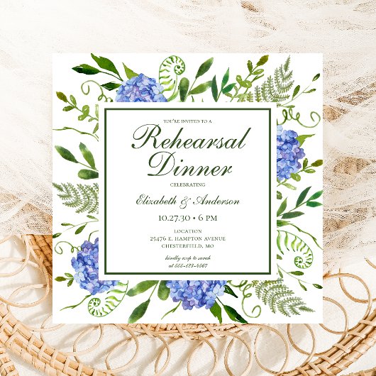 Invitation Dîner de répétition photo d'hortensias bleus